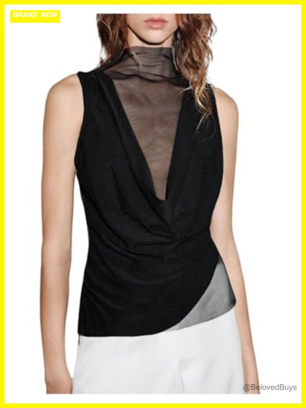 SweatyRocks Sheer Mesh Turtleneck Asymmetrical Tank Top Draped Front Sleeveless